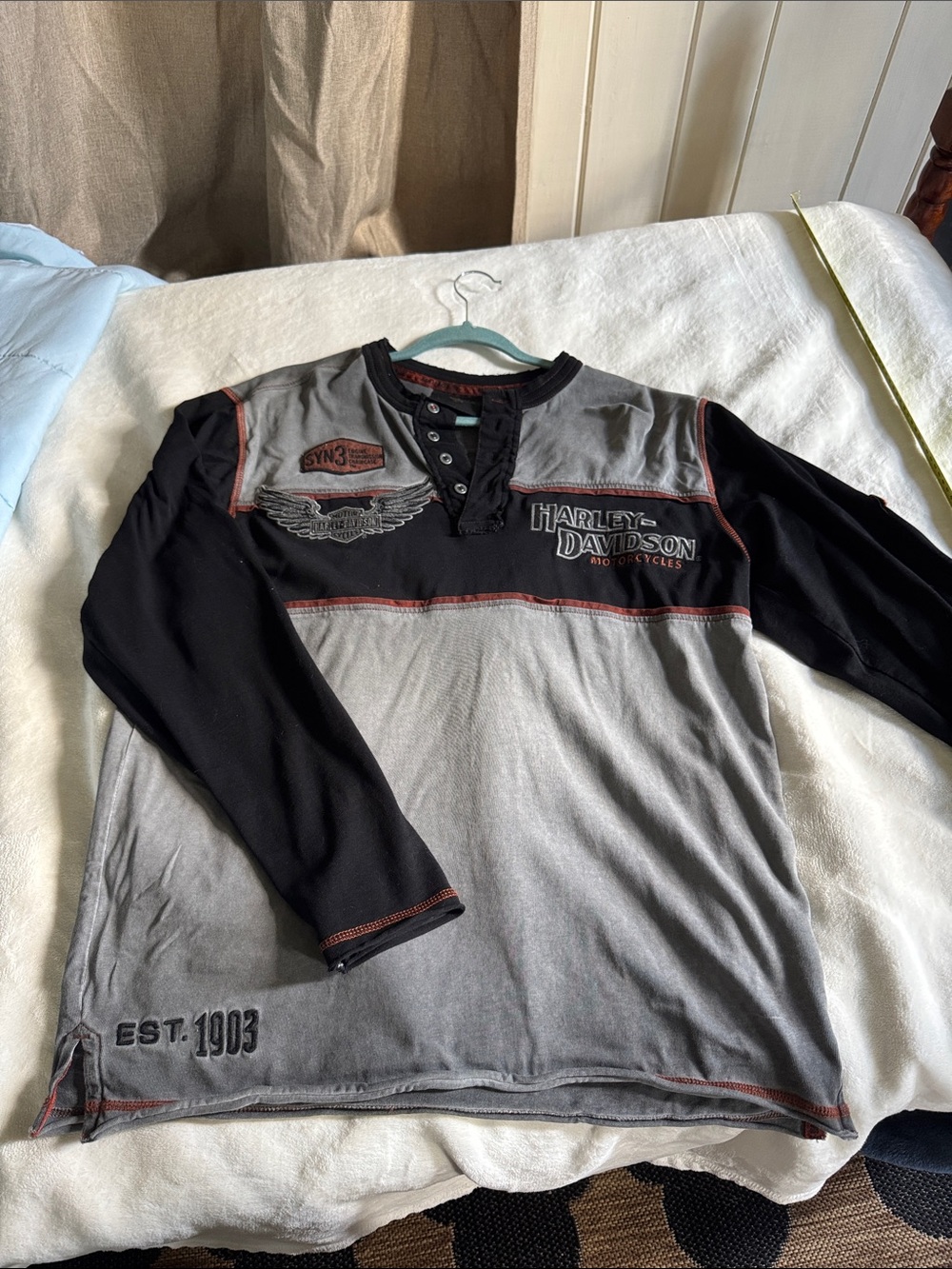 Harley-Davidson Black & Gray Long Sleeve Henley with Orange Stitching